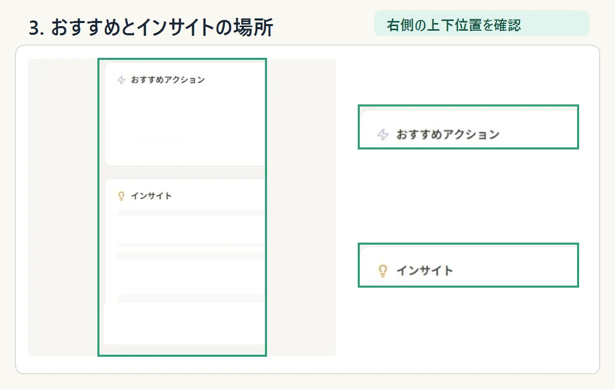 カードの右側上部にあるおすすめアクションと、右側下部にあるインサイト
