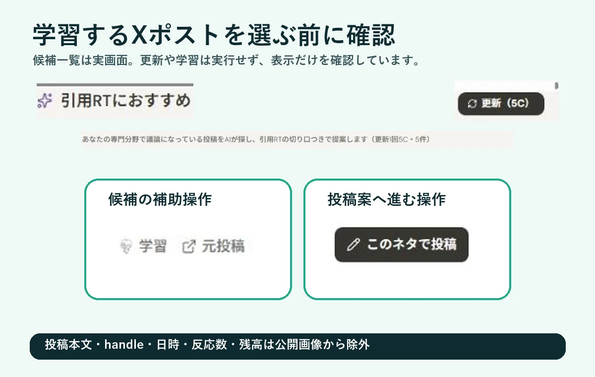 Xポストの候補カードで学習ボタンと関連操作を確認する画面