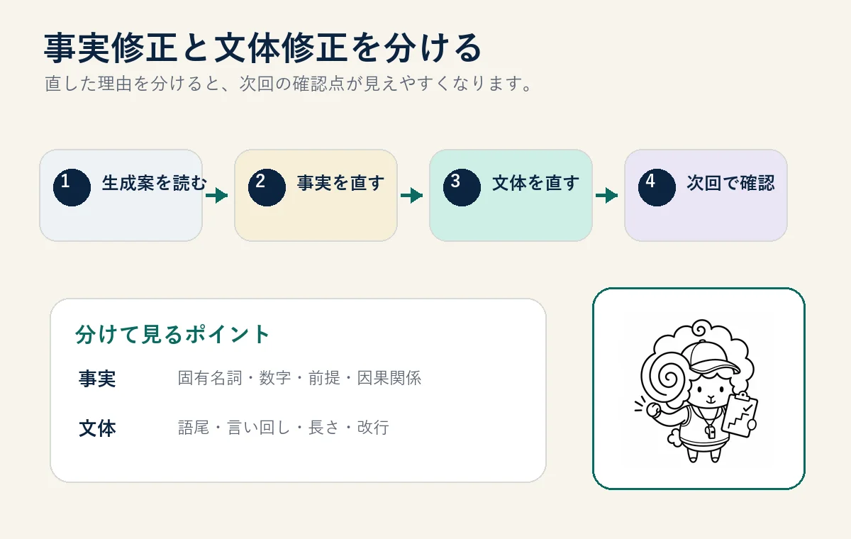 生成案を読み、事実修正と文体修正を分けて次回に確認する流れ